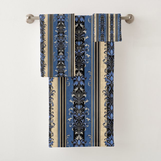 Blaue und goldene Damaskus-Streifen Badhandtuch Set (Insitu)