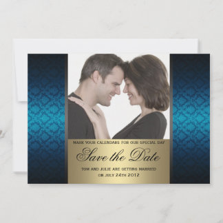 Blaue und goldene Damast-Einladungsfoto zum Speich Save The Date