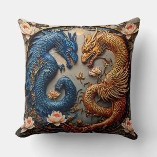 Blaue und goldene Drachen im Yin-Yang-Design Kissen
