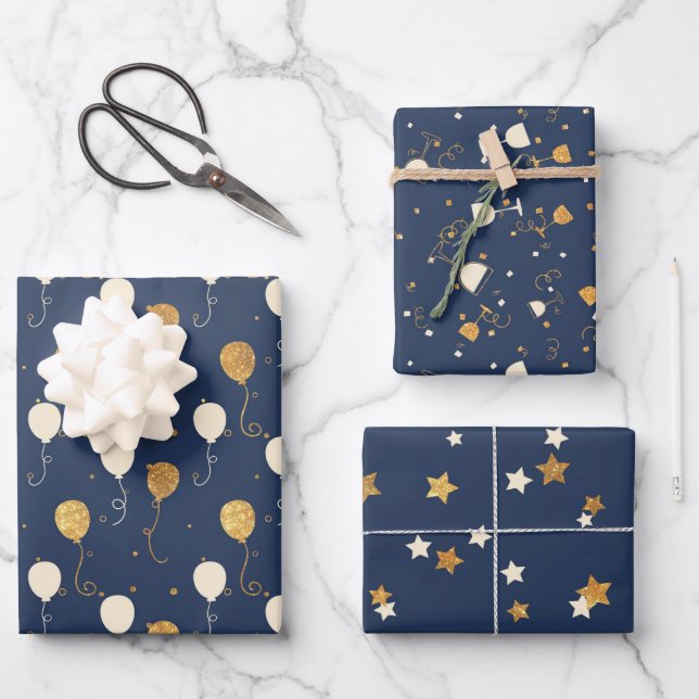 Blaue und goldene Feier Geschenkpapier Set (Vorderseite)