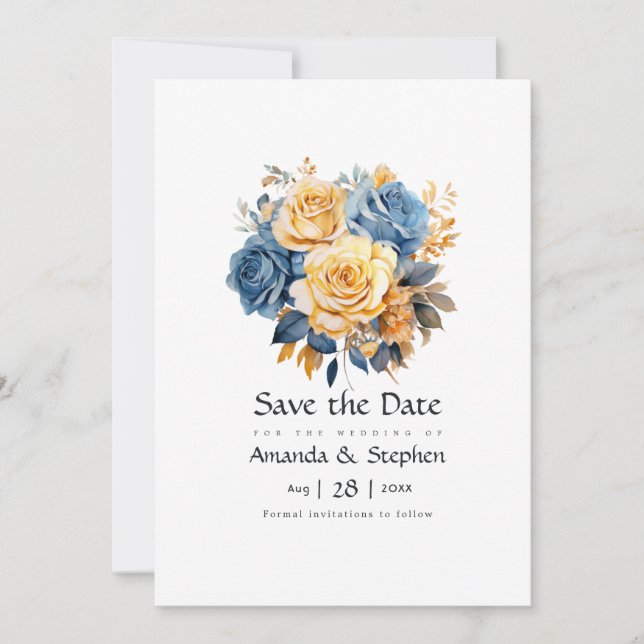 Blaue und goldene florale Hochzeit Save The Date (Vorderseite)