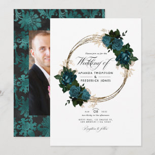 Blaue und goldene florale Hochzeitsfotografie Einladung