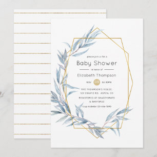 Blaue und goldene geometrische Eukalyptus-Baby-Par Einladung