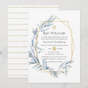 Blaue und goldene geometrische Eukalyptus-Bat-Mizw Einladung
