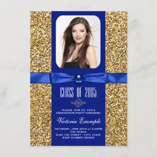 Blaue und goldene Glitter-Abschlussankündigungen Einladung