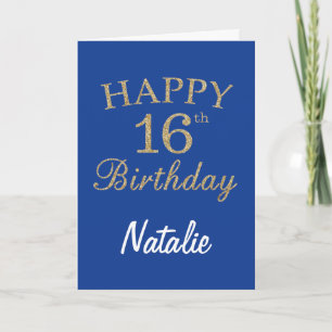Blaue und goldene Glitter-Geburtstagskarte zum 16. Karte