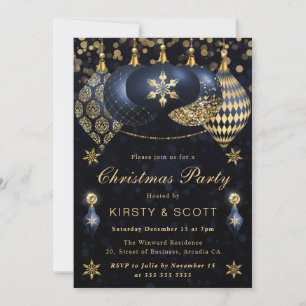 Blaue und goldene Glitter-Kugeln Weihnachtsfeier Einladung