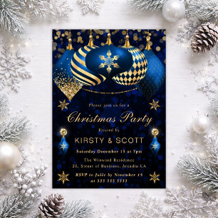 Blaue und goldene Glitter-Weihnachtskugeln Party Einladung