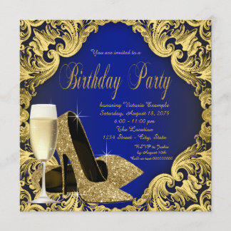 Blaue und goldene High Heels Champagner Geburtstag Einladung