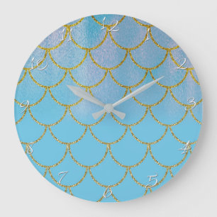 Blaue und goldene Irisierende Schimmer-Meerjungfra Große Wanduhr
