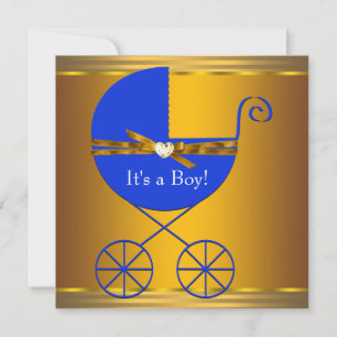 Blaue und goldene Kinderwagen-Jungen-Baby-Party Einladung