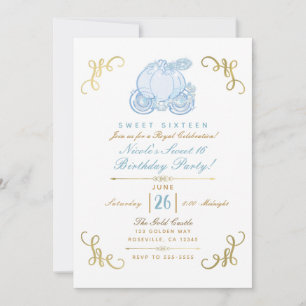 Blaue und goldene Kürbiskutsche Sweet 16 Party Einladung