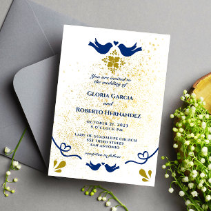 Blaue und goldene Liebesvögel mexikanische Hochzei Einladung