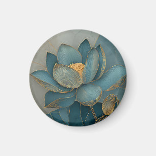 Blaue und goldene Lotusblume Geometrische Linienku Magnet
