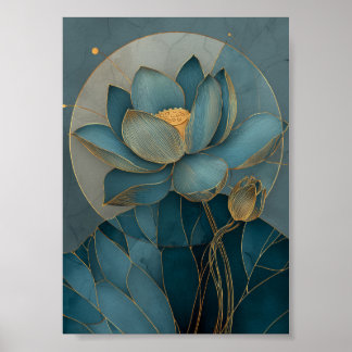 Blaue und goldene Lotusblume geometrische Linienku Poster