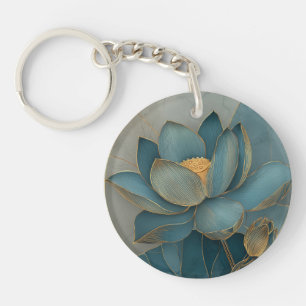 Blaue und goldene Lotusblume geometrische Linienku Schlüsselanhänger