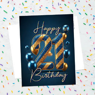 Blaue und goldene Luftballons und Streifen 21. Geb Postkarte