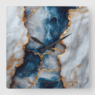 Blaue und goldene Marmor-Wanduhr im Quadratformat  Quadratische Wanduhr
