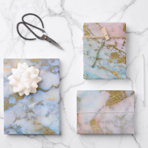 Blaue und goldene Marmorierung Geschenkpapier Set