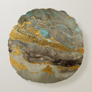 Blaue und goldene Marmormuster Rundes Kissen