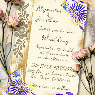 Blaue und goldene mexikanische Otomi-Barock-Hochze Einladung