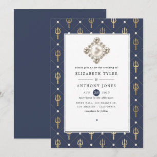 Blaue und goldene nautische Hochzeit Einladung