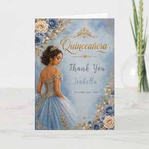 Blaue und goldene Quinceañera Dankeskarte
