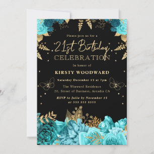 Blaue und goldene Rosen Floral 21. Geburtstag Einladung