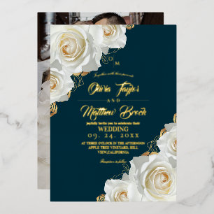 Blaue und goldene Rosen Florale Hochzeit Folieneinladung