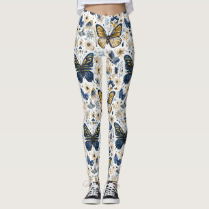 Blaue und goldene Schmetterlings-Blumen-Frauenlegg Leggings