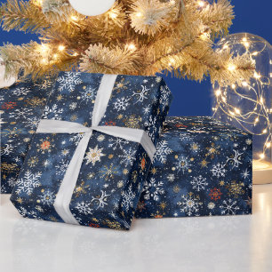 Blaue und goldene Schneeflocke mit Sternen Geschenkpapier