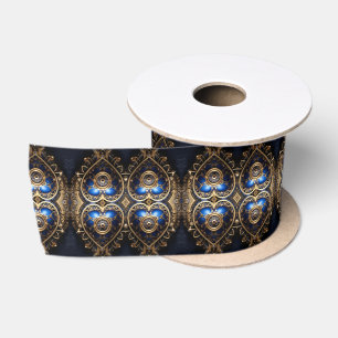 Blaue und goldene Steampunk-Herzen Muster Satinband