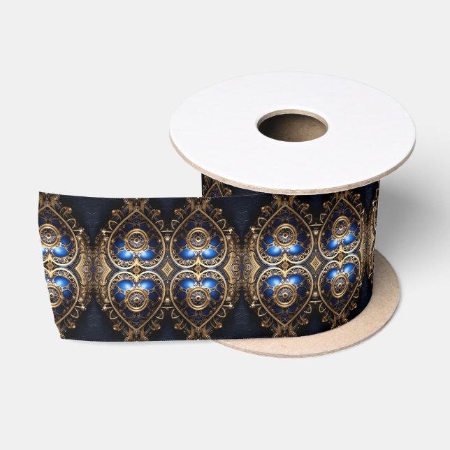 Blaue und goldene Steampunkherzen Satinband (Spule)