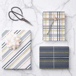 Blaue und goldene Streifen und -platten Geschenkpapier Set