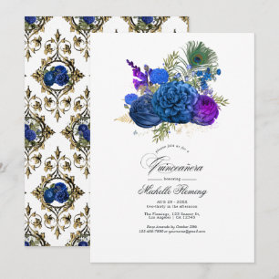 Blaue und goldene Vintage-Pfau-Blumen-Quinceañera Einladung