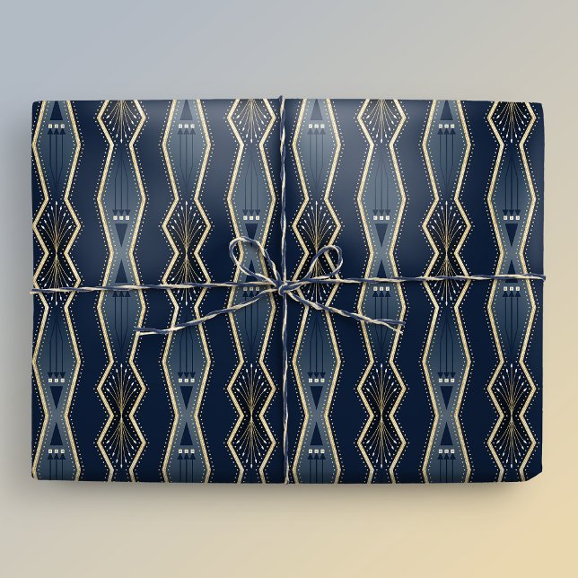 Blaue und goldene Wand an Wand Geschenkpapier (Gift mockup)