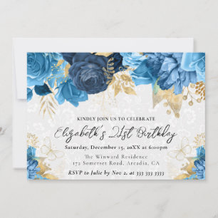 Blaue und goldene Wasserfarben-Blumen zum 21. Gebu Einladung