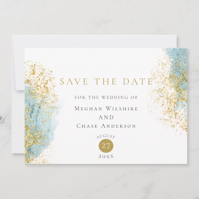 Blaue und goldene Wasserfarben Save the Date (Vorderseite)