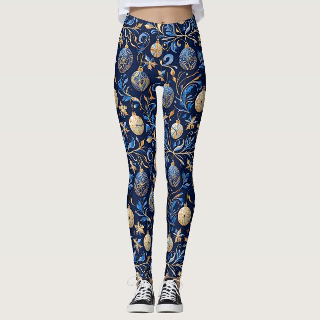 Blaue und goldene Weihnachtsdesigns Leggings (Vorderseite)