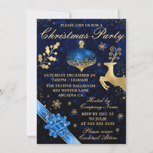 Blaue und goldene Weihnachtskugel- und Band-Weihna Einladung