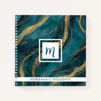 Blaue und goldene Wirbel Monogramm Quadrat Notizbuch