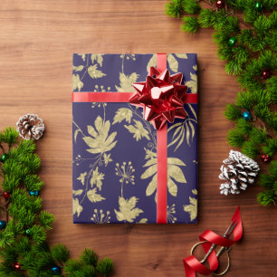 Blaue und goldfarbene Pflanzen und Blätter Geschenkpapier