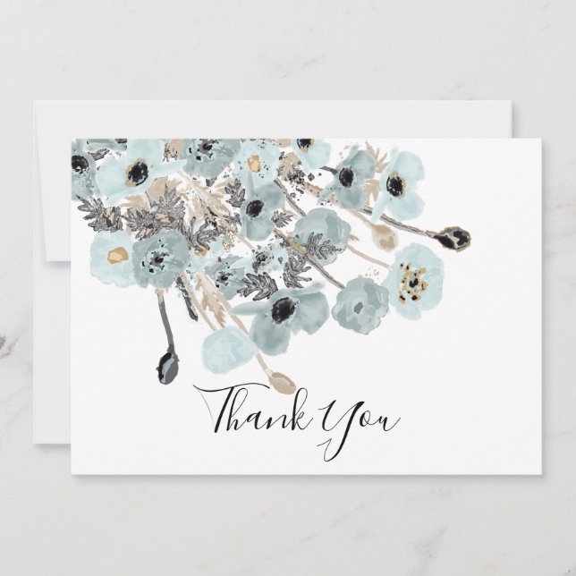 Blaue und graue Aquarellblütenpfeifen Hochzeiten Dankeskarte (Vorderseite)