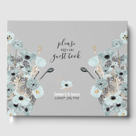 Blaue und graue Aquarellblütenpfeifen Hochzeiten Gästebuch