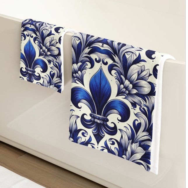 Blaue und graue Fleur de lis  Badhandtuch Set (Von Creator hochgeladen)