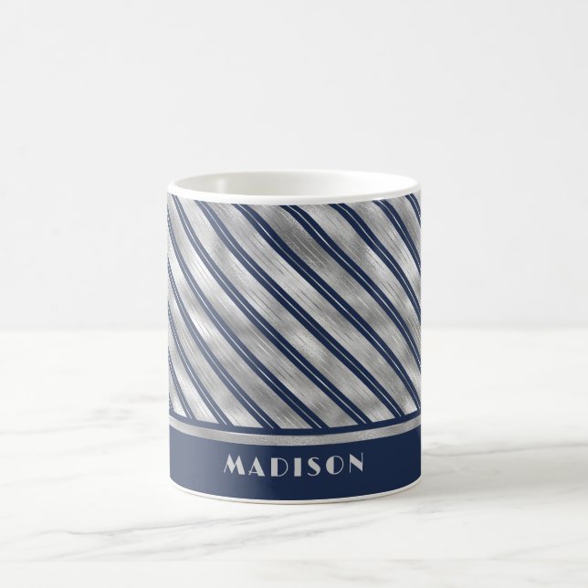Blaue und graue glänzende Streifen Kaffeetasse (Mittel)
