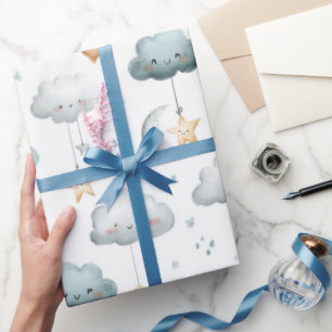 Blaue und graue lächelnde Wolken goldene Sterne Geschenkpapier