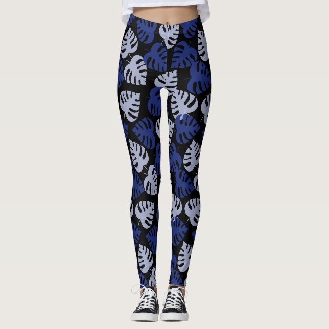 Blaue und graue Monstera-Blattmuster auf schwarz Leggings (Vorderseite)