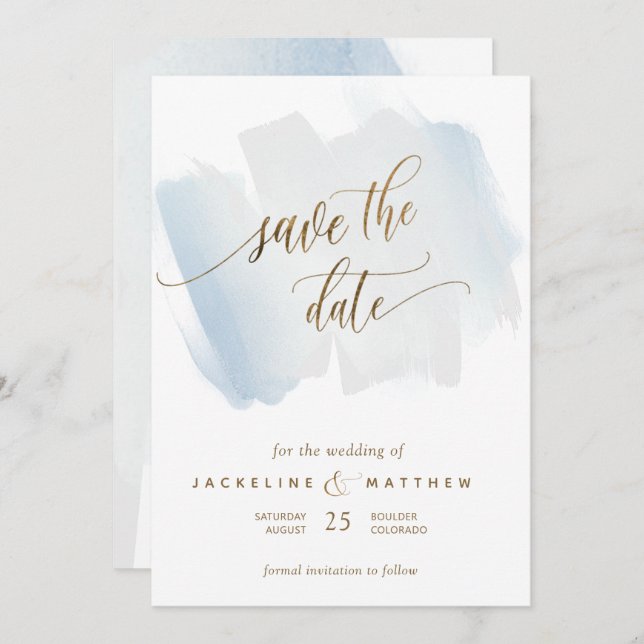 Blaue und graue Pinselstriche, Minimale Hochzeit Save The Date (Vorne/Hinten)