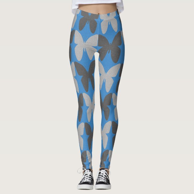 Blaue und graue Schmetterlingsmuster Leggings (Vorderseite)